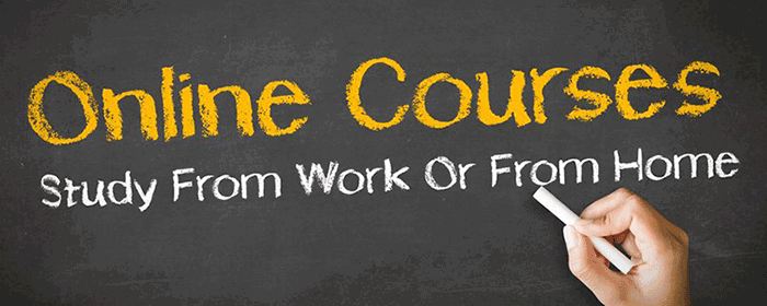 the words online courses and study from work or home written in chalk against a blank board